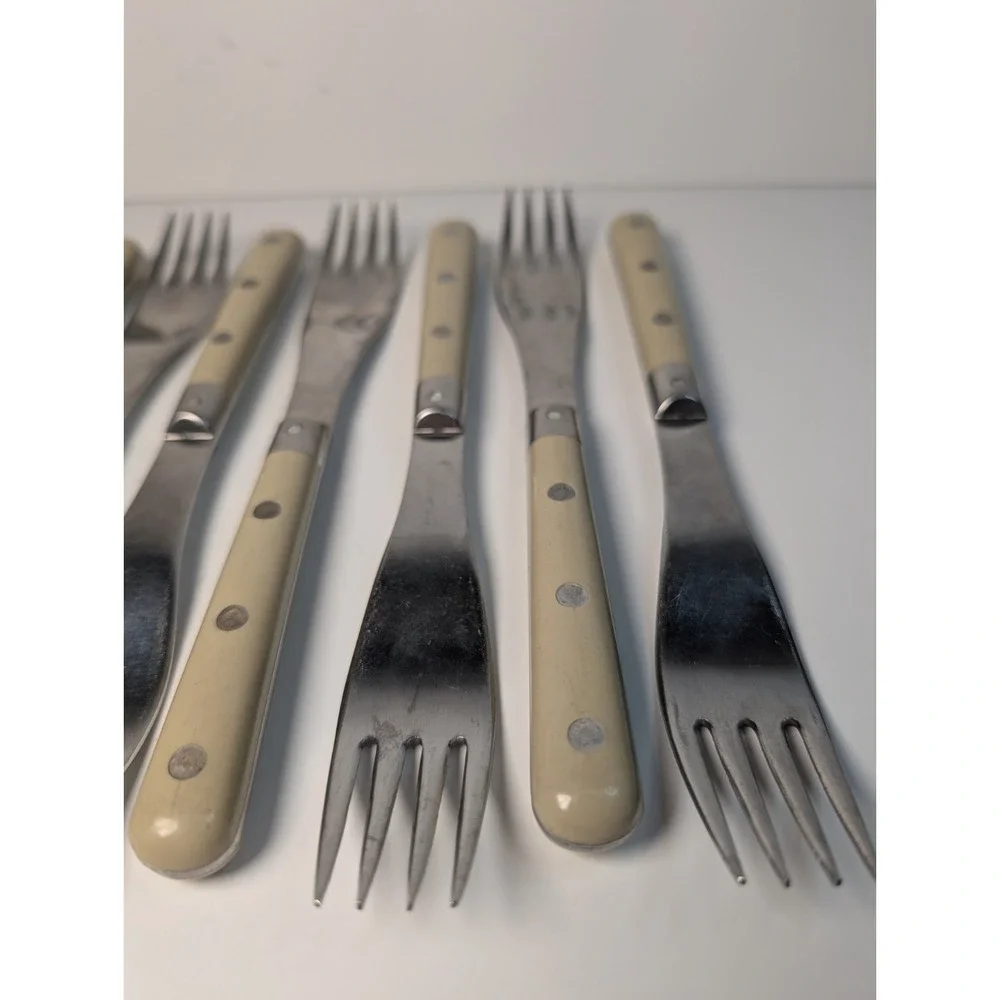 MCM Rowoco Retro Inox Theirs, France 4-Rivet Handles‎ Stainless Forks Set Of 8